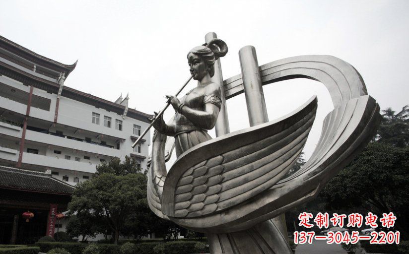 四川古典美女不锈钢吹笛子雕塑
