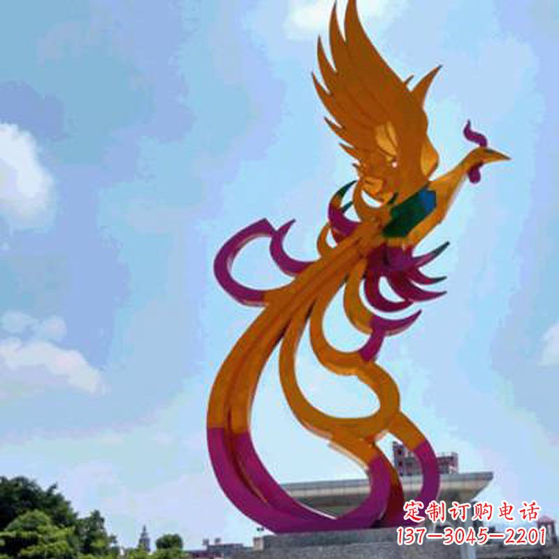 四川彩绘凤凰不锈钢雕塑-城市标识景观动物雕塑