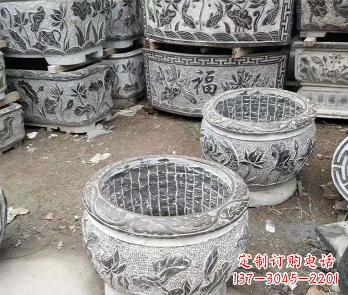 四川仿古荷花石浮雕水缸