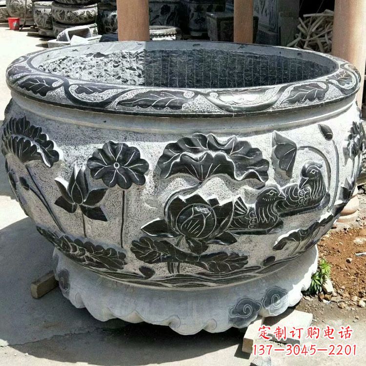四川极致精细仿古圆形鱼缸石雕