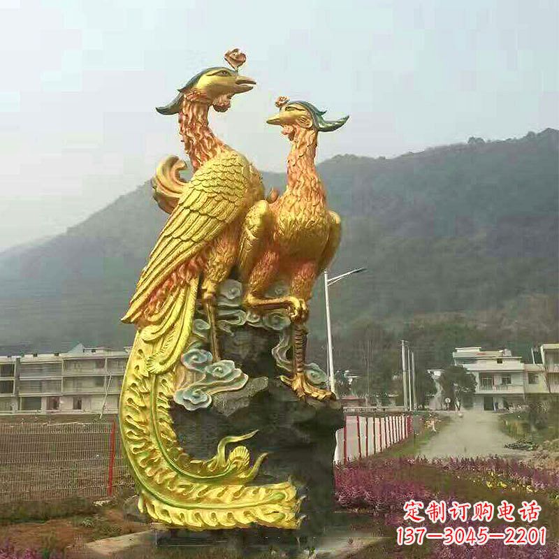 四川凤凰景观铜雕塑-公园景区瑞鸟凤凰鎏金景观雕塑
