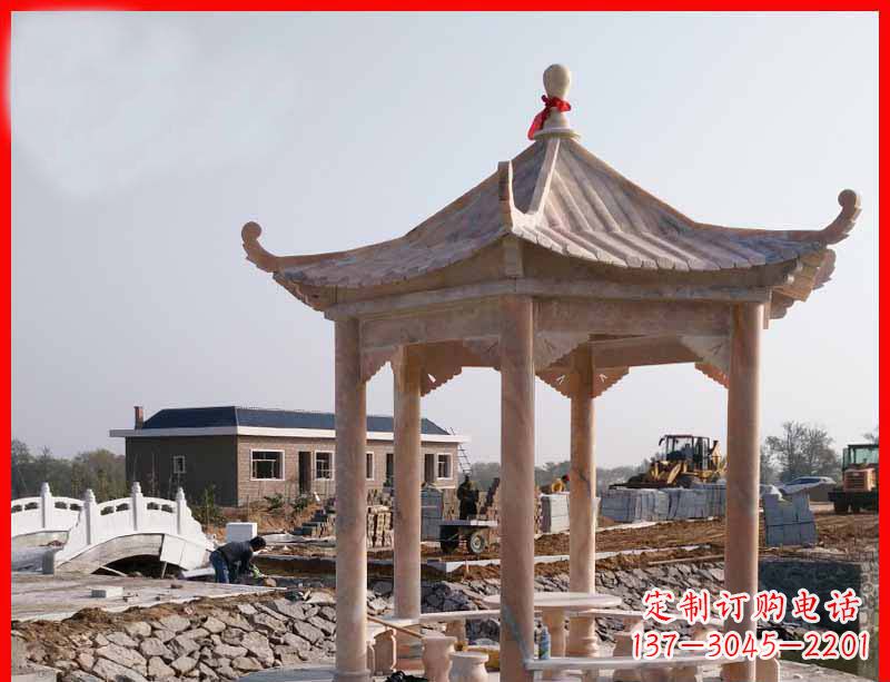 四川红六角石凉亭雕塑