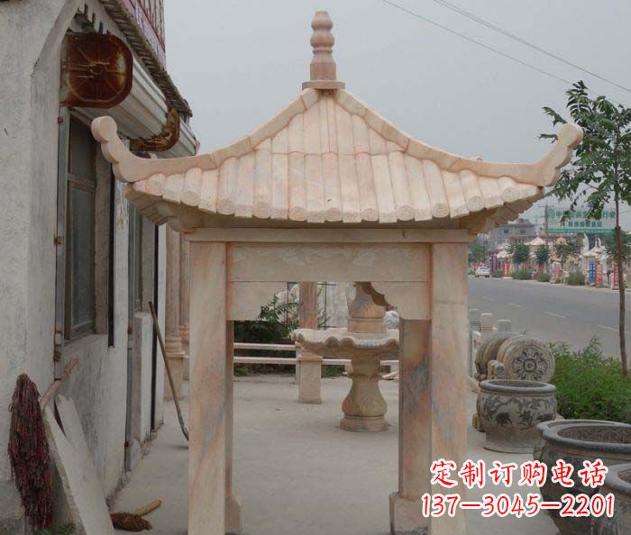 四川精美红六角石凉亭雕塑