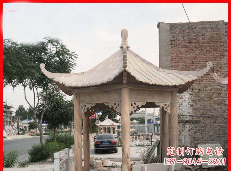 四川公园晚霞红六角石凉亭雕塑