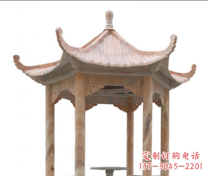 四川美丽而优雅的公园晚霞红六角石凉亭雕塑