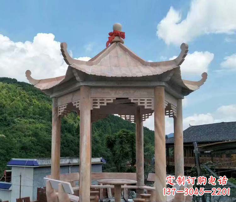 四川一流的公园晚霞红六角石雕凉亭