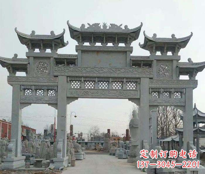 四川三门牌坊石雕,精美汉风石雕装饰景区