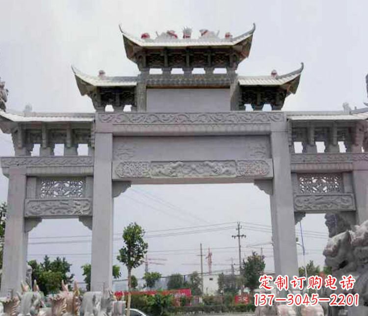 四川中领雕塑-三门牌坊大理石石雕