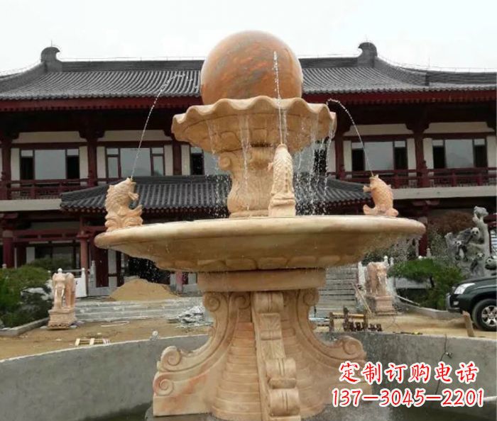 四川双层风水球喷泉晚霞红石雕