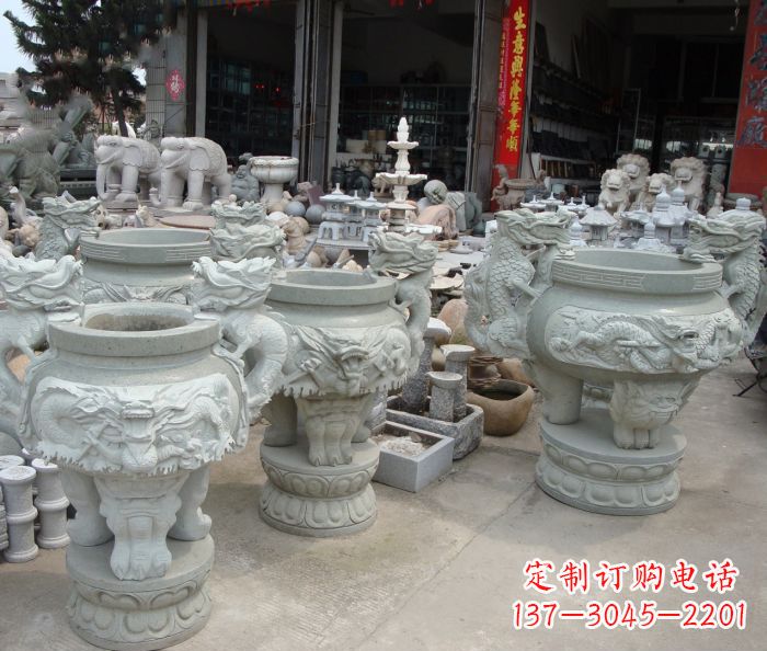 四川寺庙景观龙头石雕水缸