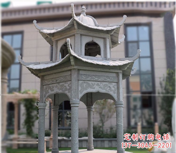 四川小区大理石六角石雕双层凉亭