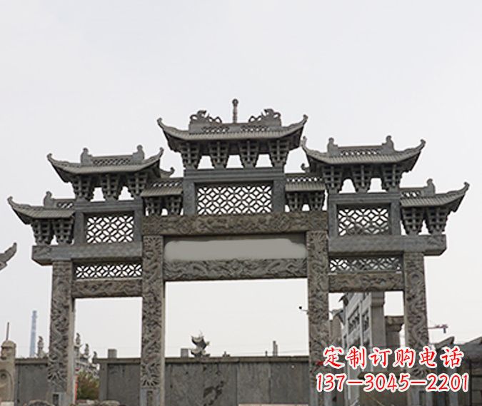 四川园林仿古三门牌坊石雕 (4)